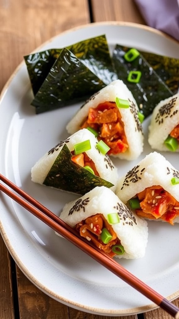 Spicy Tuna Onigiri rice balls filled with tuna and wrapped in roasted seaweed, garnished with sesame seeds and green onions on a wooden table.